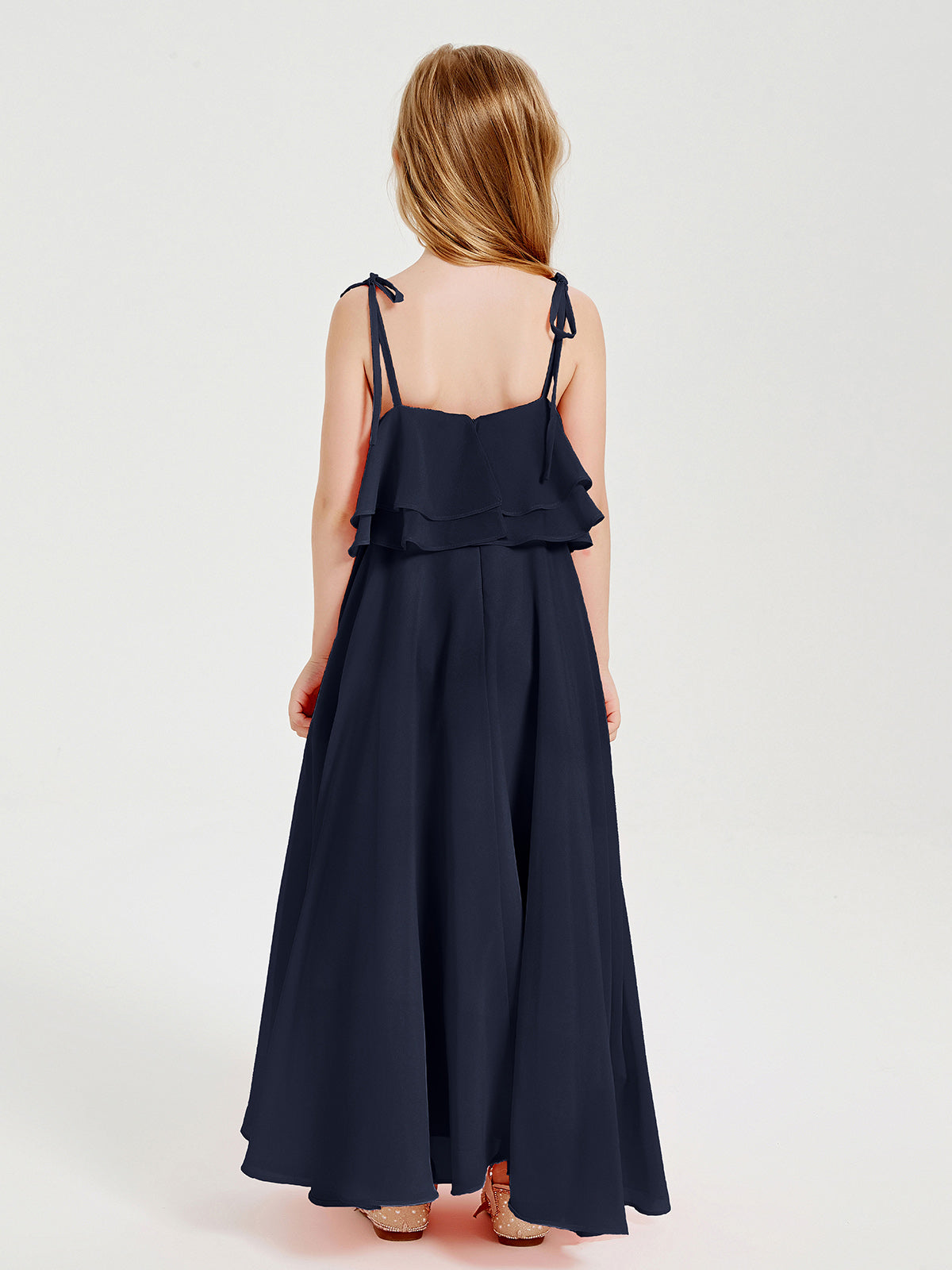 Chiffon Junior Bridesmaid Dresses Long Cascading Skirt Dark Navy
